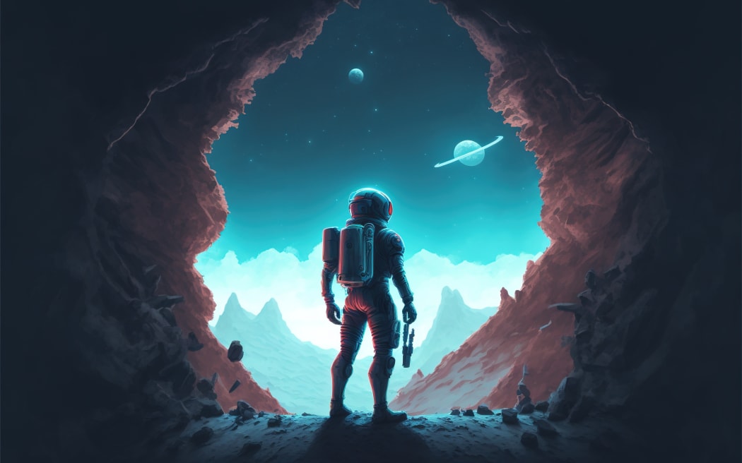 spaceman standing at the entrance of the cave, digital art style, illustration painting, fantasy concept of a spaceman in the cave