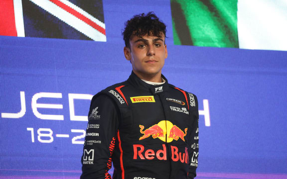 Arvid Lindblad after Formula 2 Sprint Race at Jeddah Corniche Circuit in Jeddah, Saudi Arabia on April 19, 2025. (Photo by Jakub Porzycki/NurPhoto) (Photo by Jakub Porzycki / NurPhoto via AFP)