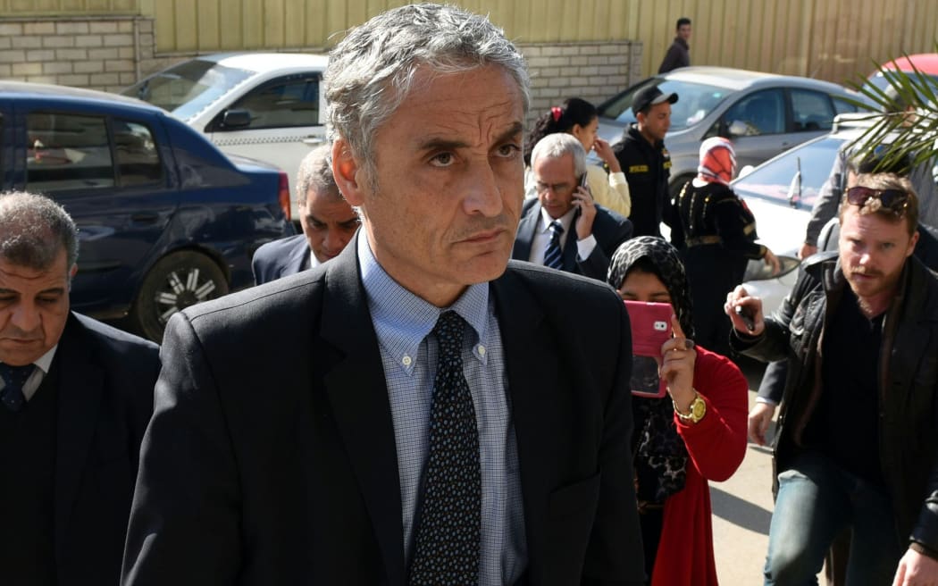 Italian ambassador to Egypt Maurizio Massari at the morgue where the body of Italian student Giulio Regeni was brought after it was found in February