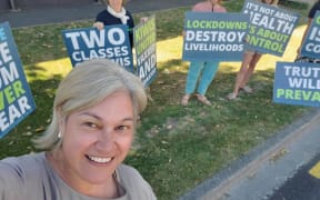 Harete Hipango at an anti-lockdown and vaccine mandate protest in Whanganui.