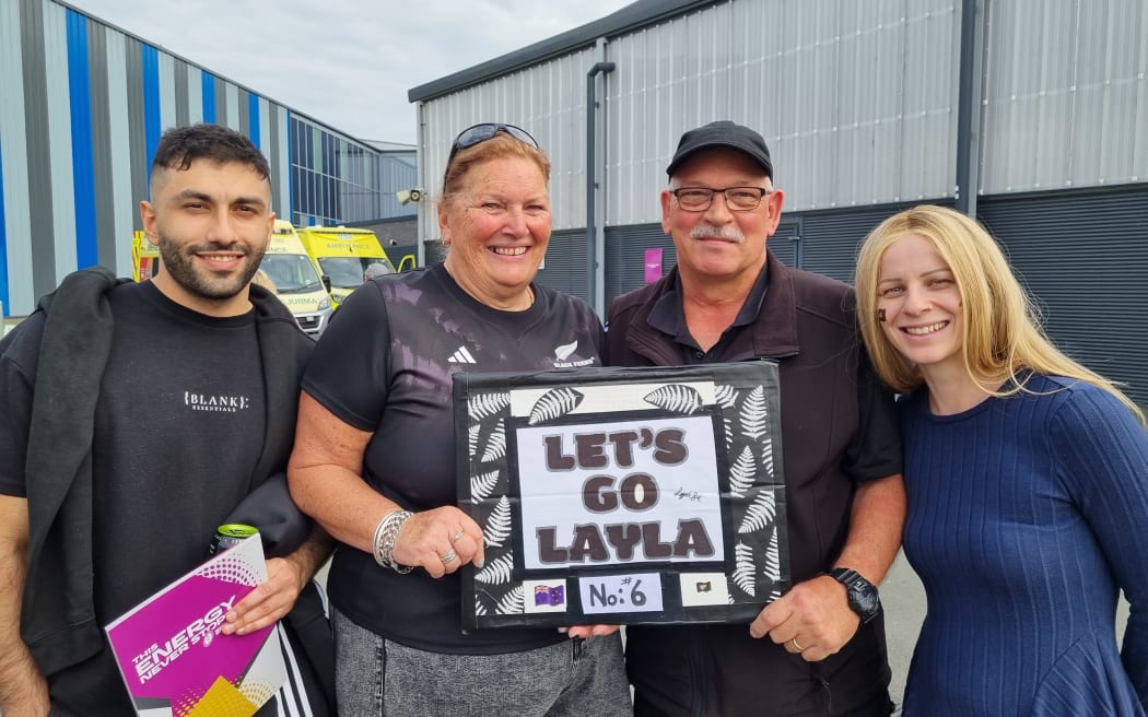 The family of Black Ferns #6 Layla Sae, including grandparents Bruce and Yvonne Black. Women's Rugby World Cup, York 2025