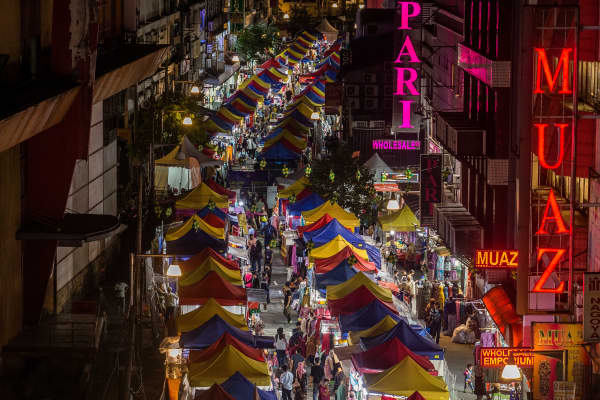 Rows of bazaar stalls line a street during the holy month of Ramadan in Kuala Lumpur, on April 25, 2021. During the holy month of Ramadan, a daily bazaar offers various selections of clothing, food, prayer mats and other religious items to Muslims who traditionally shop for new outfits to welcome the end of the month, Eid al-Fitr celebrations in Malaysia.
