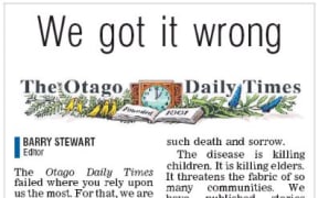 The front page mea culpa in the ODT on Thursday.