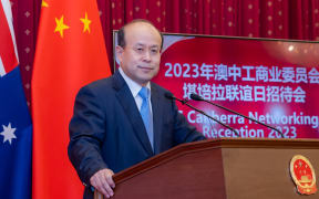 (231020) -- CANBERRA, Oct. 20, 2023 (Xinhua) -- Chinese Ambassador to Australia Xiao Qian delivers a speech on the occasion of the Canberra Networking Day 2023 and the 50th anniversary of the founding of Australia China Business Council (ACBC) in Canberra, Australia, Oct. 18, 2023. Xiao said the development of China-Australia economic and trade cooperation would not only benefit the two countries and two peoples, but also benefit the region and the world. (Photo by Chu Chen/Xinhua) (Photo by Chu Chen / XINHUA / Xinhua via AFP)