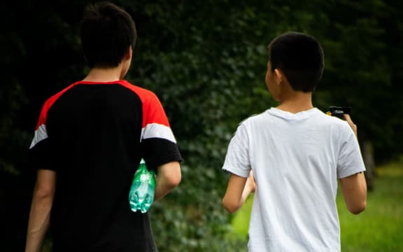 Teenage boys walking in a park