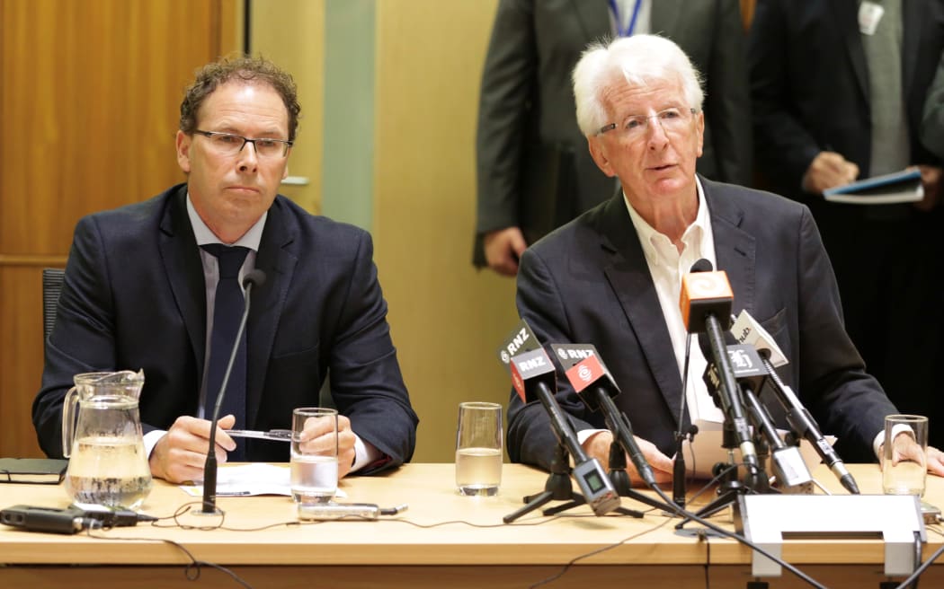 RNZ chief executive Paul Thompson (left) and chair Richard Griffin front up to the Select Committee.