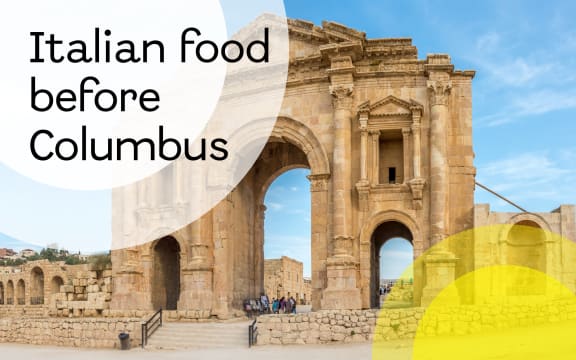 The words "Italian food before Columbus" is superimposed over abstract shapes resembling plates and textured background.