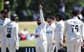 New Zealand bowler Ajaz Patel celebrates the wicket of West Indies batsman Alick Athanaze on Day 3 of the 3rd cricket test match between New Zealand and West Indies at Bay Oval in Mt Maunganui.