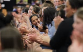 Children at Kaitao Intermediate School in Rotorua during the government announcement of free lunches for schools.