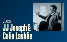 A woman addresses a group with her arms wide open, text reads "2008, JJ Joseph and Celia Lashlie"