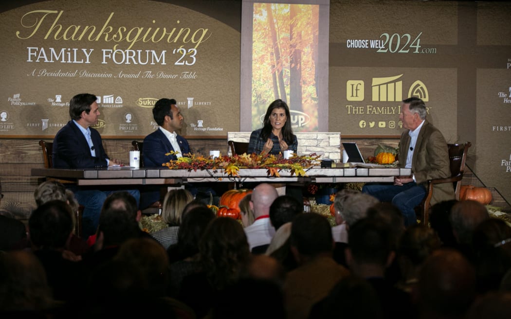 DES MOINES, IOWA - NOVEMBER 17: 2024 Republican Presidential Candidates Florida Governor Ron DeSantis, Vivek Ramaswamy, and Nikki Haley speak with President and CEO of The Family Leader Bob Sander Plaats at the Thanksgiving Family Forum at the downtown Marriott on November 17, 2023 in Des Moines, Iowa. The Christian faith based forum hosts three Republican Presidential candidates at a round table discussion for an audience of supporters.   Jim Vondruska/Getty Images/AFP (Photo by Jim Vondruska / GETTY IMAGES NORTH AMERICA / Getty Images via AFP)