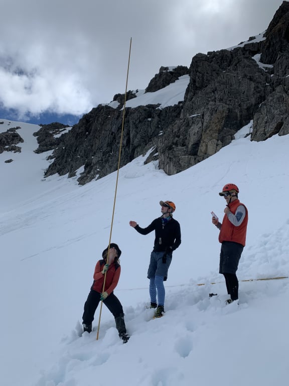 University of Canterbury researchers measuring snow depth on the Rolleston Glacier