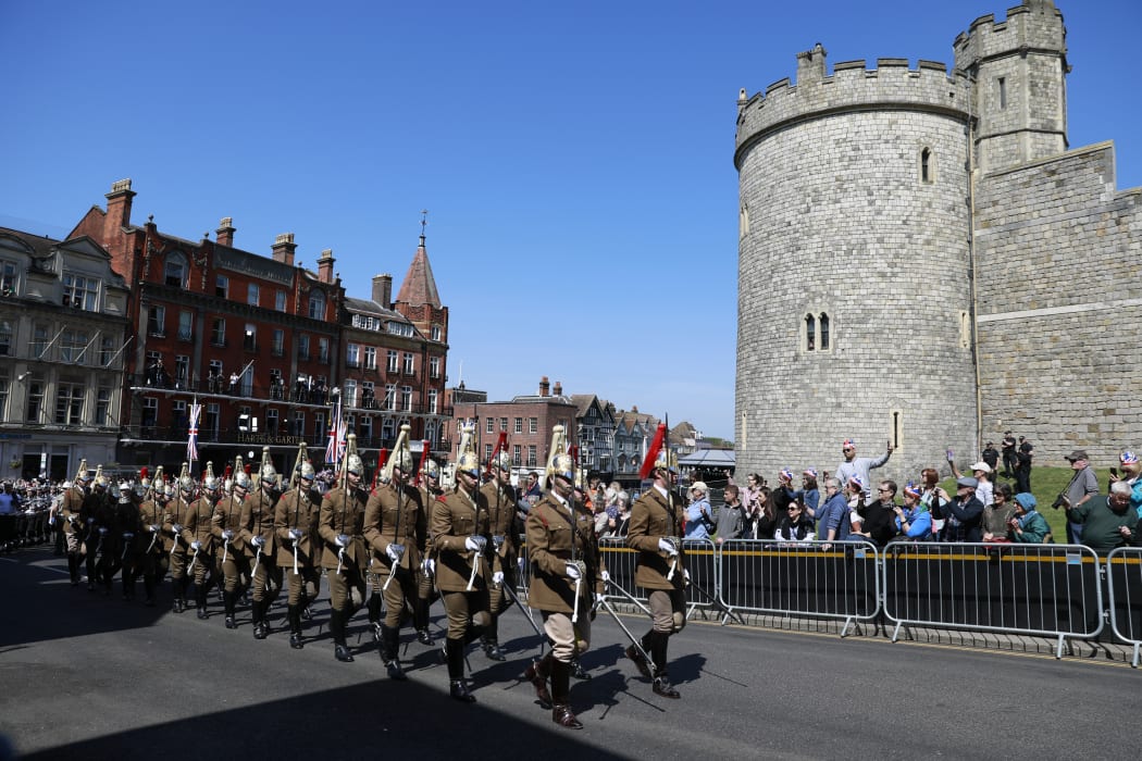 Members of the Household Cavalry take part in a rehearsal for the wedding procession outside Windsor Castle