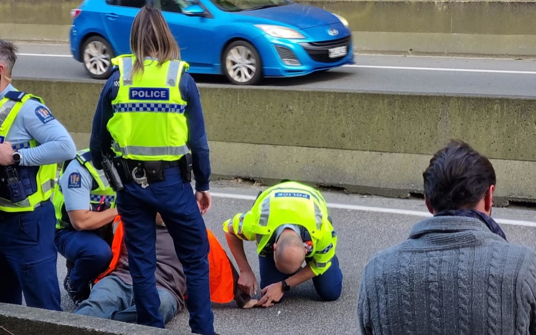 Police remove a protester from the Wellington motorway approaching the Terrace Tunnel who is believed to have superglued his hand to the road.