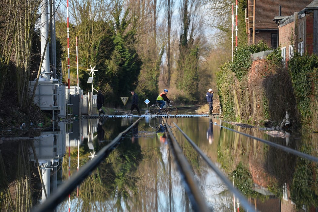 Flooded train tracks in Datchet in south east England.