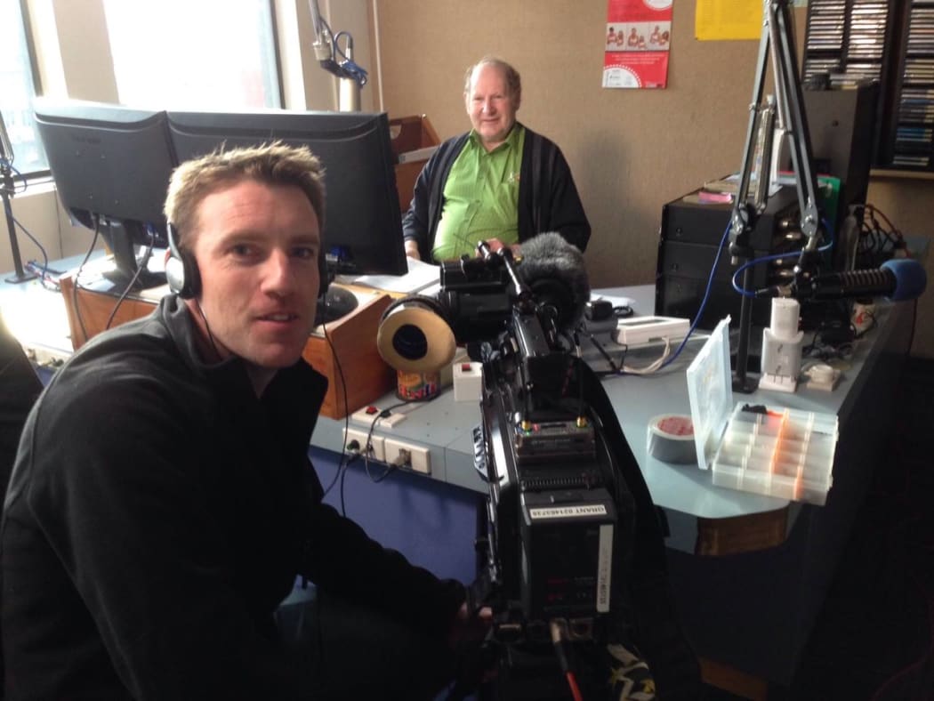 Cameraman-turned-Director Grant Findlay filming the very first frames of the documentary Radio Dunedin in August 2015 with veteran announcer Lyndsay Rackley.