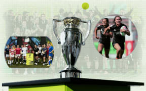 Graphic displaying the RWC trophy, team captains and Ruby Tui.