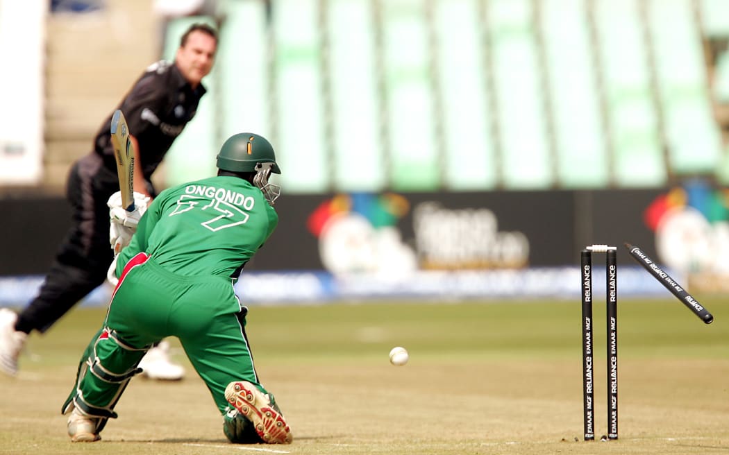 Mark Gillespie bowls Ongondo of Kenya at the 2007 Twenty20 Cricket World Cup in Durban, South Africa.