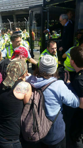 Police and protesters at Westpac Stadium in Wellington.