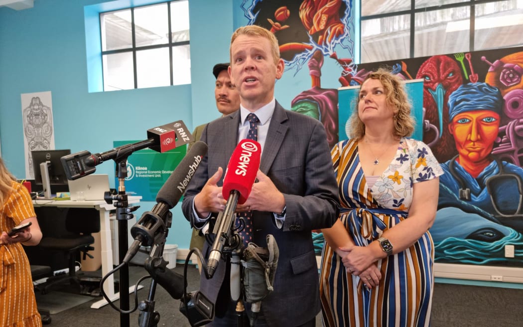 Prime Minister Chris Hipkins - backed by Education Minister Jan Tinetti and Bay of Plenty-based MP Tāmati Coffey - visits the Ara Rau Pathways to Work offices in Tauranga.