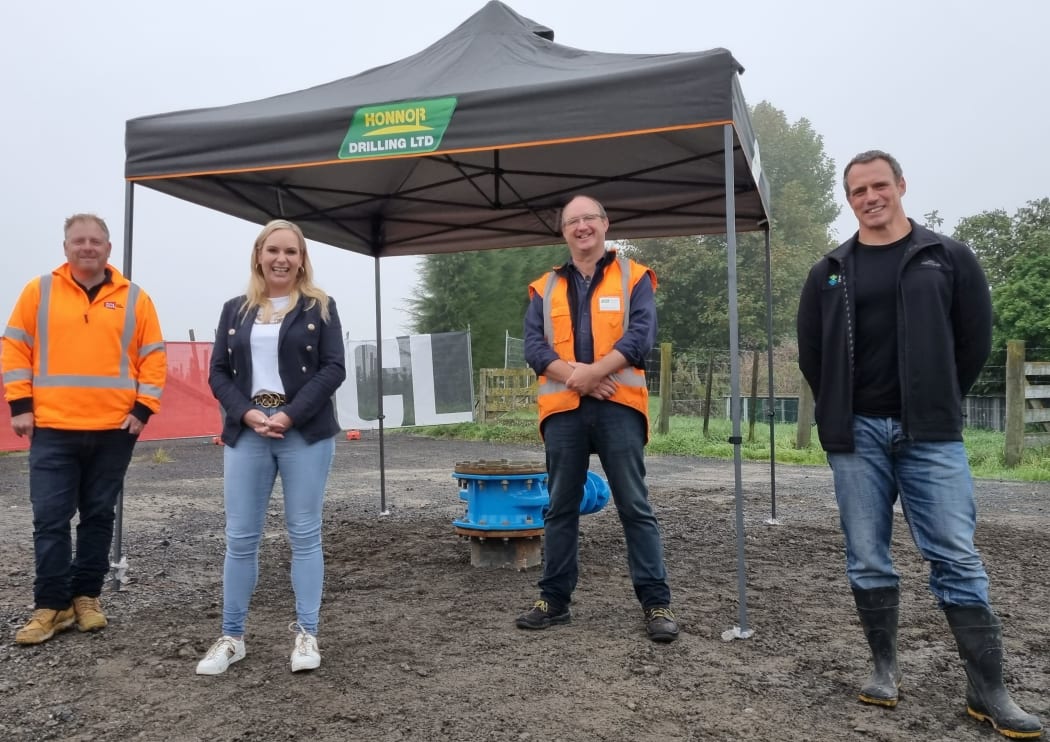 From left: 

Michael Job from SCL Civil Works, Napier Mayor Kirsten Wise, AJ Macdonald from Honnor Drilling, Napier City Council water strategy planning lead Lance Groves.