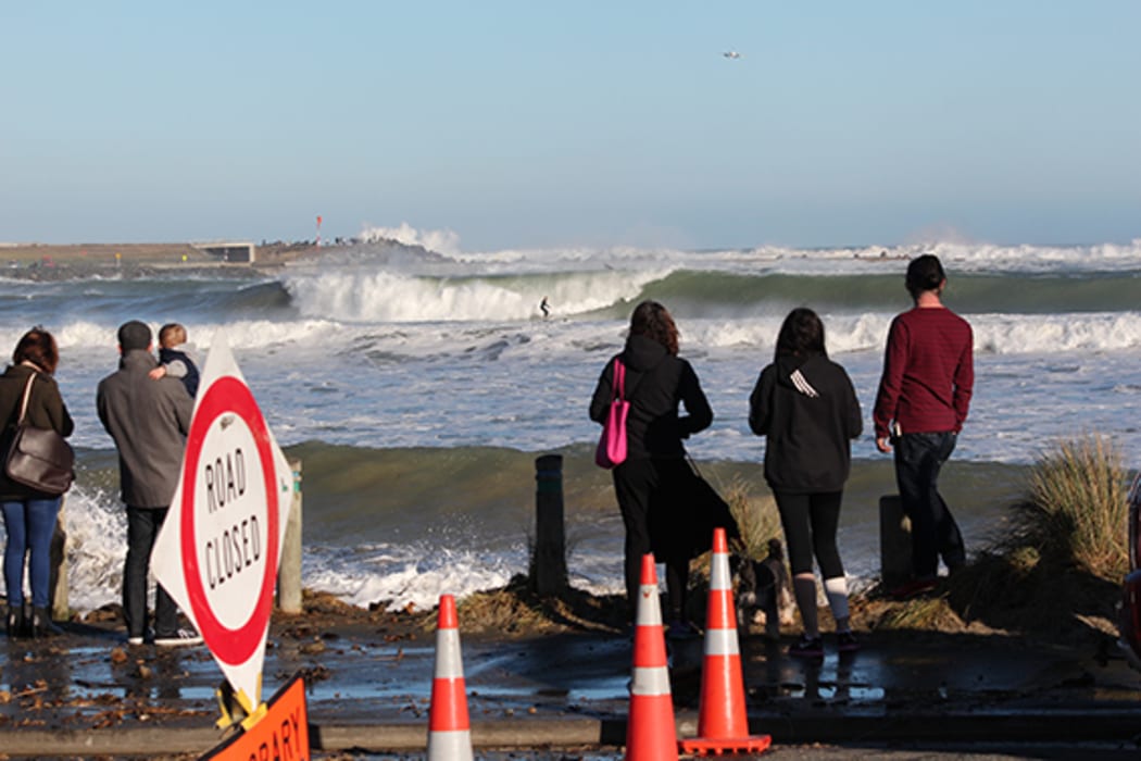The waves closed the road between the eastern end of Lyall Bay to Moa Point Road.