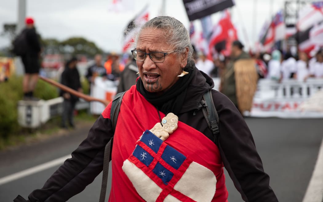 Maikara Ropata walks over the Auckland Harbour Bridge for the hīkoi mō te Tiriti.