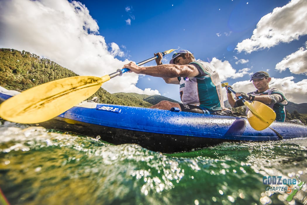 Richie McCaw and Rob Nichol on Lake Rotoroa during Godzone 2016.