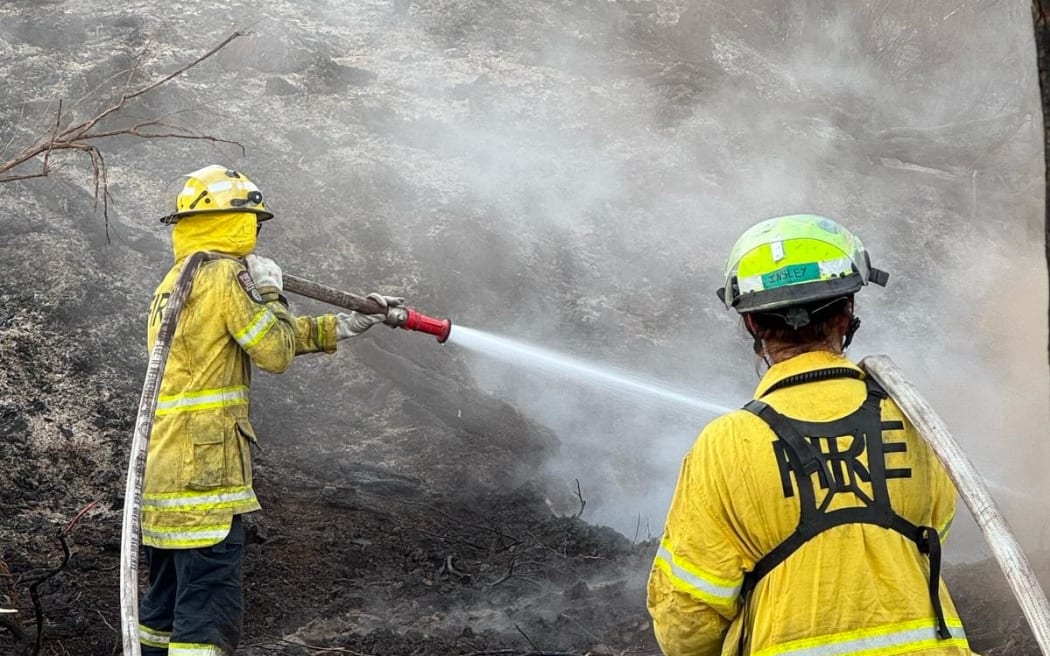 Firefighters dampen down one of the last hotspots at the Waipoua fire. Photo: Supplied/FENZ