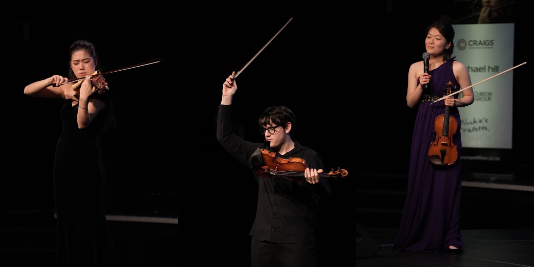 The three finalists in the Michael Hill International Violin Competition 2023 L to R: Claire Wells, Lorenz Karls, Yeyeong Jenny Jin. A montage of photos by James Roberts
