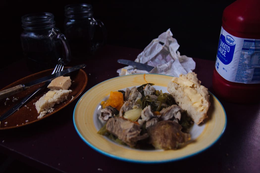 Pork, pumpkin, kumara, potato, watercress and flatbread. Using what we have as we prepare for the new season.