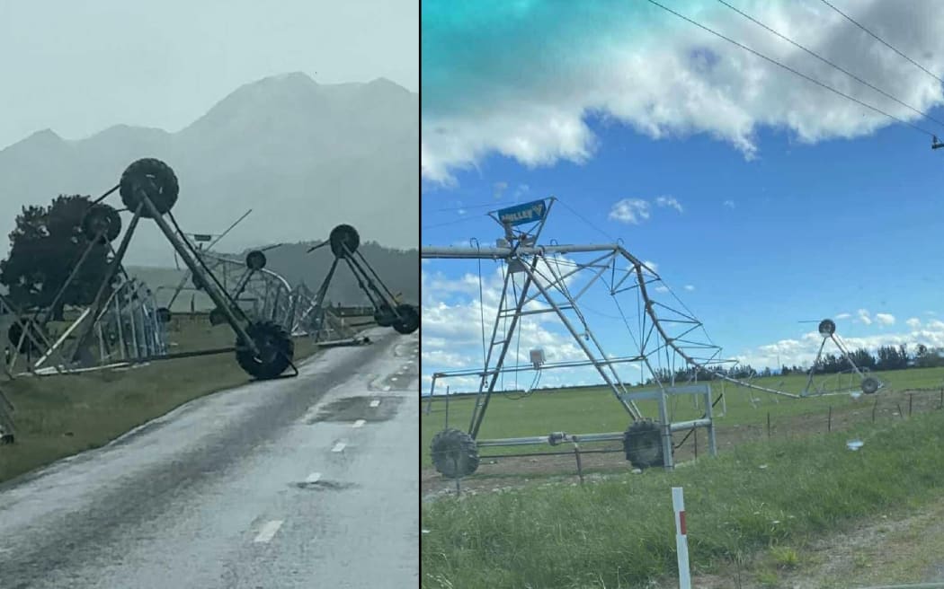 Wind-damaged pivot irrigators in North Canterbury.