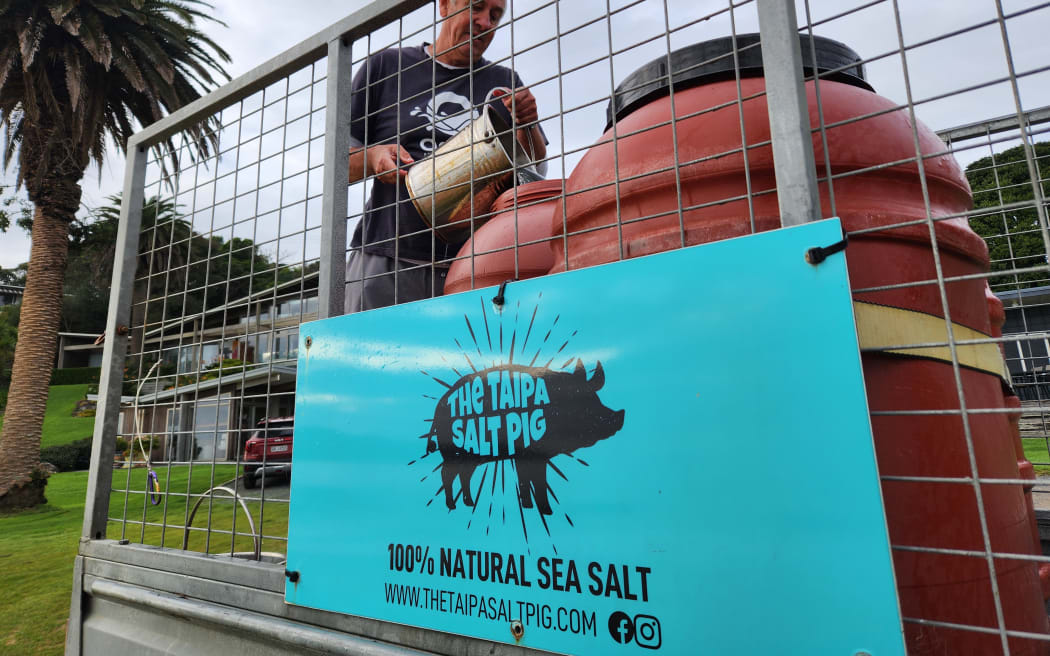 The seawater is collected in repurposed olive barrels