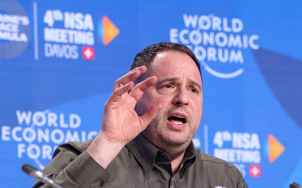 Head of the Ukrainian President's Office Andriy Yermak delivers a press conference during a meeting of national security advisors, hosted by the World Economic Forum in Davos on January 14, 2024, to discuss Ukraine peace plan. (Photo by ARND WIEGMANN / AFP)