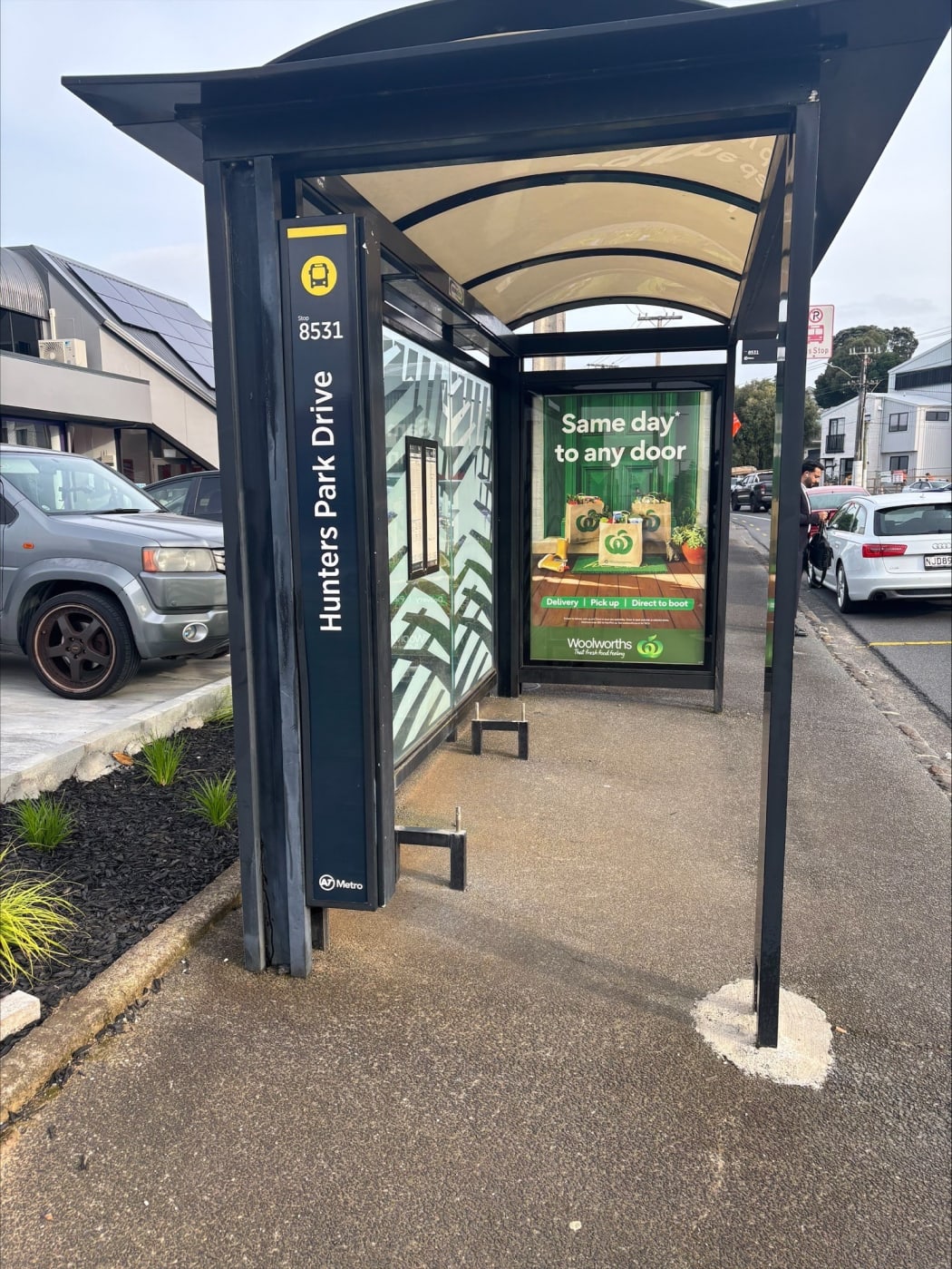 One of the bus shelters where the seat has vanished.