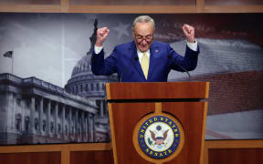 WASHINGTON, DC - FEBRUARY 13: U.S. Senate Majority Leader Charles Schumer (D-NY) speaks on the National Security Supplemental Bill during a press conference at the U.S. Capitol on February 13, 2024 in Washington, DC. The bill, which received contentious debate and months of negotiations in the Senate, provides military aid to Ukraine, Israel and Taiwan but is expected to be received with uncertainty in the House of Representatives.   Kevin Dietsch/Getty Images/AFP (Photo by Kevin Dietsch / GETTY IMAGES NORTH AMERICA / Getty Images via AFP)