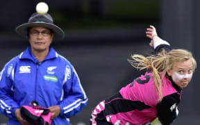 New Zealand's Leigh Kasperek bowls during the 2nd Women's T20 International - New Zealand v Australia cricket match at the Basin Reserve in Wellington.