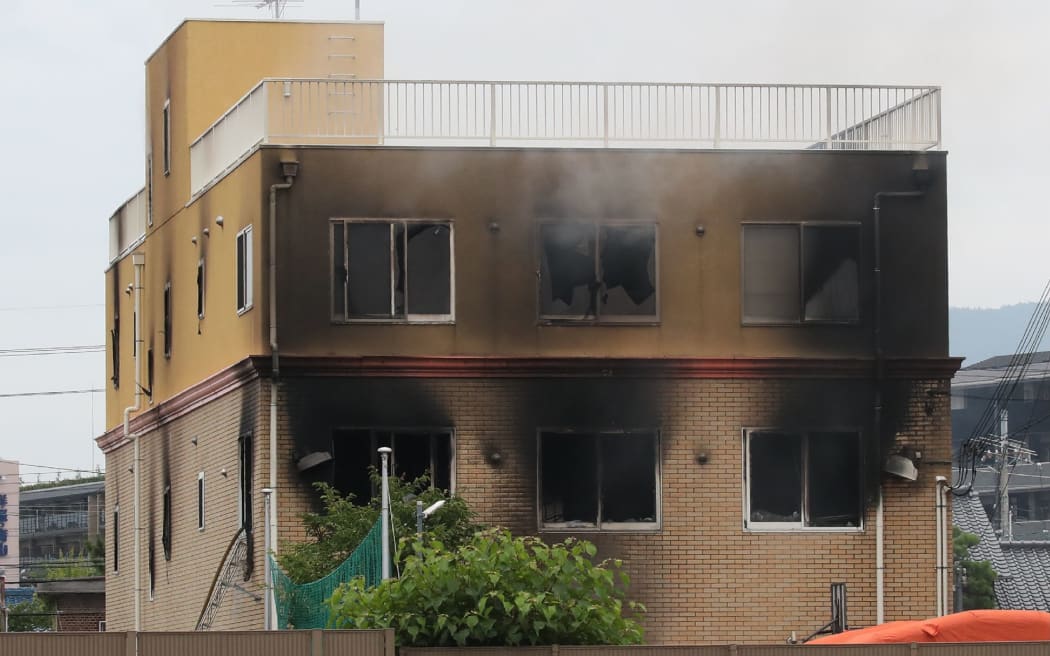 Overview of an animation company building which caught fire in Kyoto on July 18, 2019. - A fire at an animation company in Japan's Kyoto on July 18 killed one person and injured dozens more, several of them seriously, a fire department spokesman said.