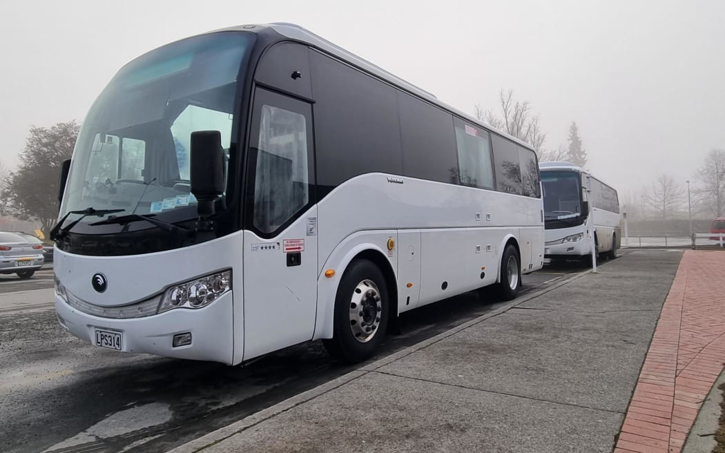 Buses at Twizel Events Centre, where tourists involved in bus crashes on State Highway 8 were sent for accommodation, on 18 July, 2024.