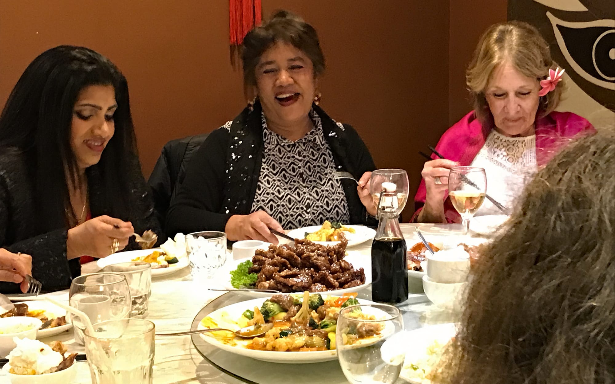 Aged care workers Dilana Perera (left), Sa Naidu and Kristine Bartlett were among those at a dinner to celebrate their hard-fought pay rises