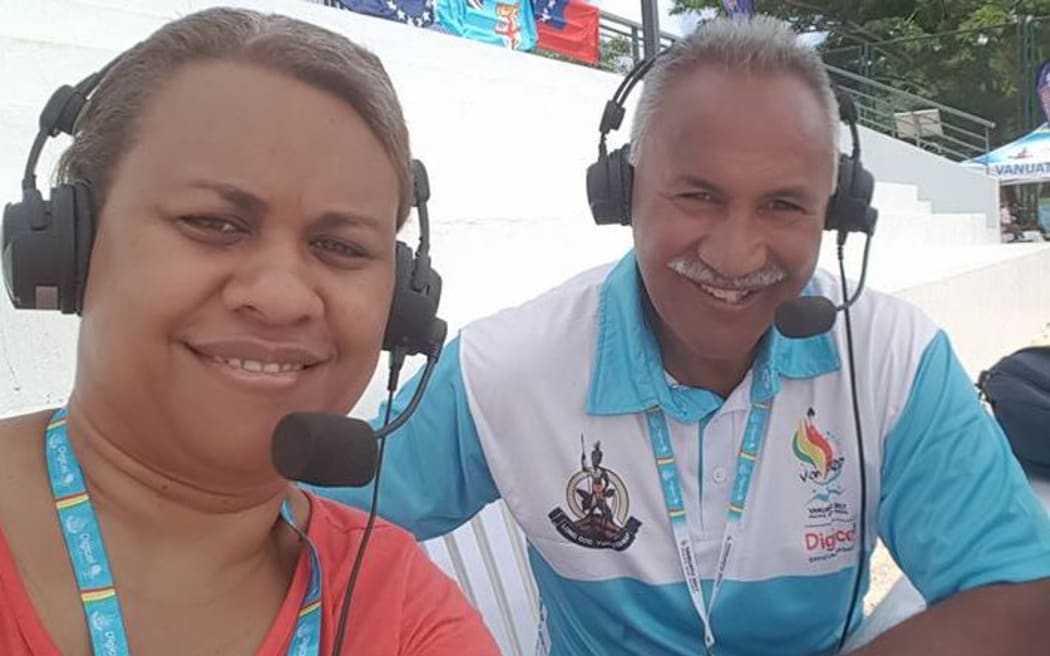 Fauono Ken Laban, (left), and his fellow commentator Asinate Wainiqolo in Port Vila.