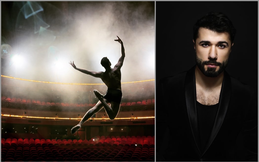 Image of Ahmad on stage, and right a headshot.