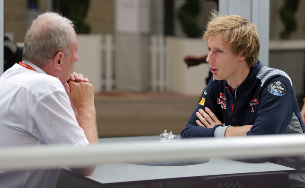 Brendon Hartley speaks to Red Bull Racing advisor Helmut Marko at the US Grand Prix.