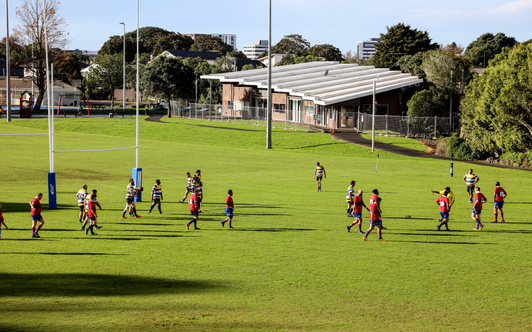 Te Papapa Wolves rugby team in action against Suburbs in Onehunga