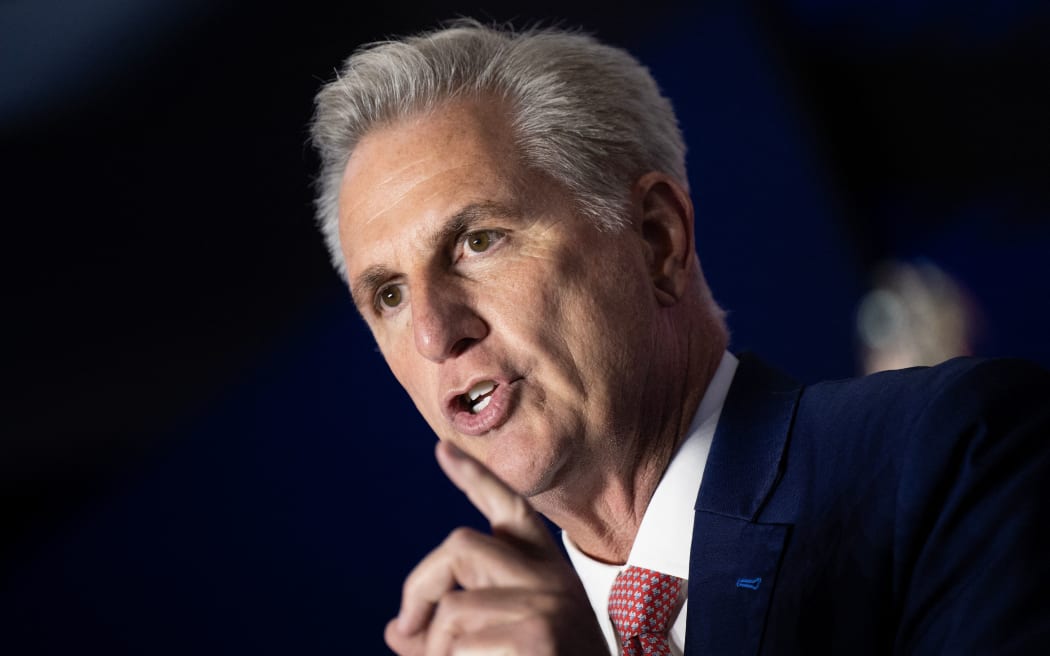 House Minority Leader Kevin McCarthy speaks at his election night watch party after the midterm elections, early on 9 November, 2022, in Washington, DC.