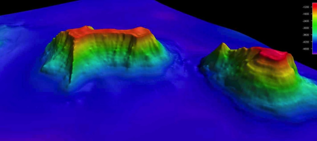 Digital imaging of two seamounts in the Louisville Seamount chain, off the east of the North Island.