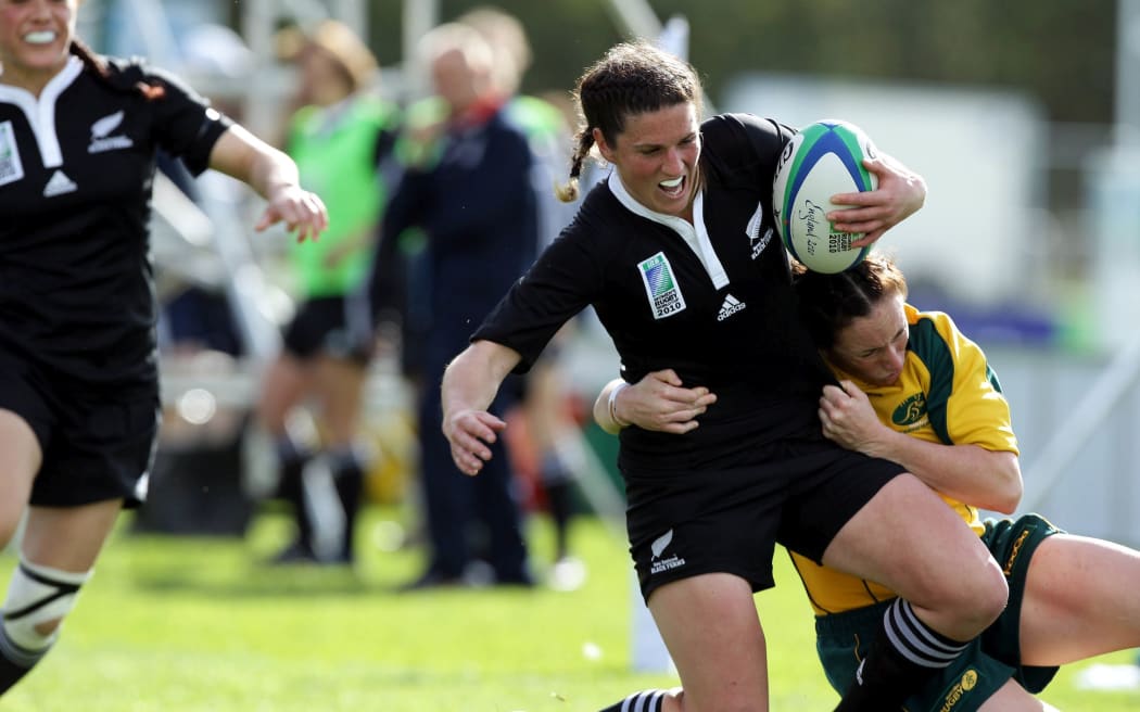 Rebecca Mahoney tackled by Tricia Brown
Women's rugby world Cup rugby union test match, New Zealand Black Ferns v Australia, Surrey Sports Park, England. 
Tuesday 24 August 2010.