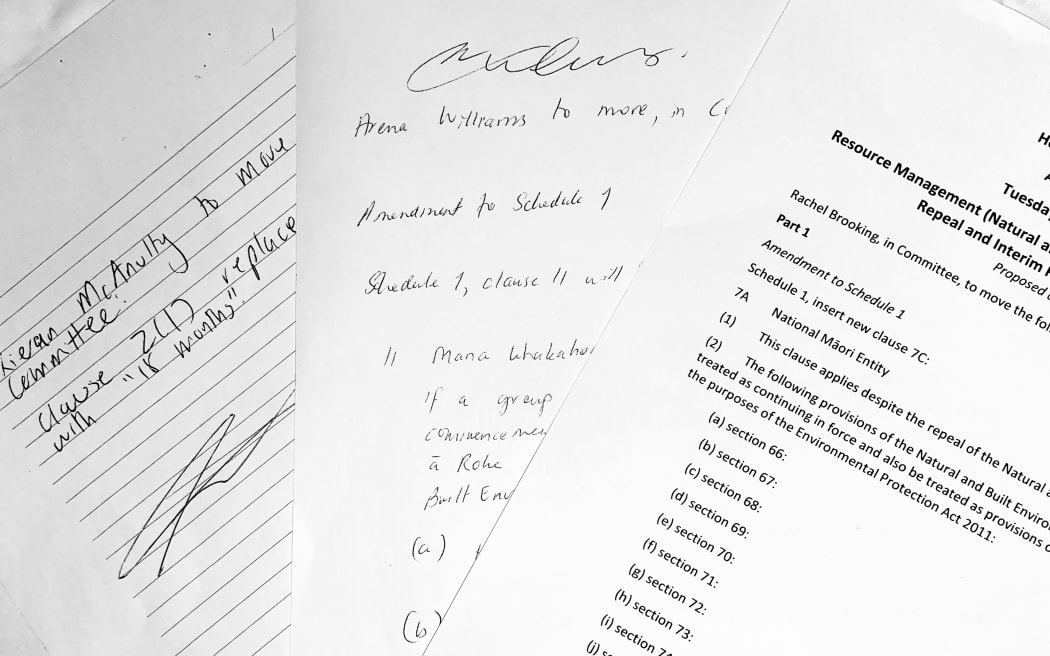 Examples of (both handwritten and typed) proposed amendments to the Resource Management (Natural and Built Environment and Spatial Planning Repeal and Interim Fast-track Consenting) Bill.