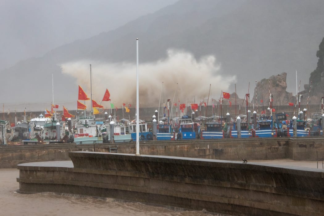 As Lekima arrives, huge waves arise in Zhoushan city, east Chinas Zhejiang province.