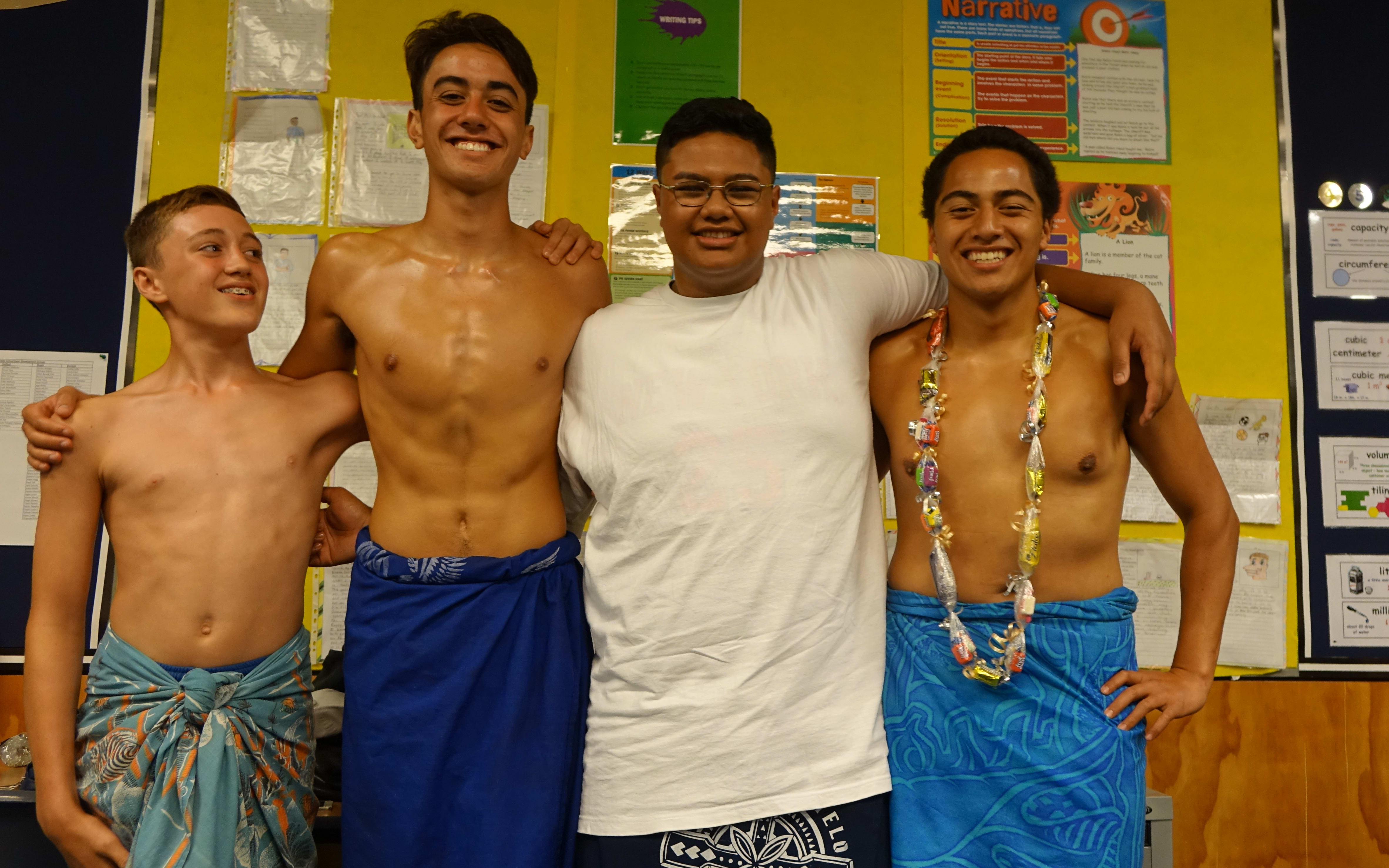 St Peter's College Samoan Polyfest group members Abe Golds-Uili (left), William Morrison, Eddie Tongalahi, and Caerwyn Tomuli Liuliu-Afoa.